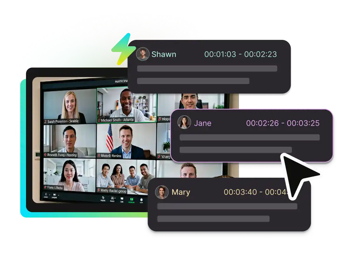 Interface de videorreunião exibindo caixas de transcrição pop-up com fotos de perfil, nomes e timestamps exatos dos falantes.